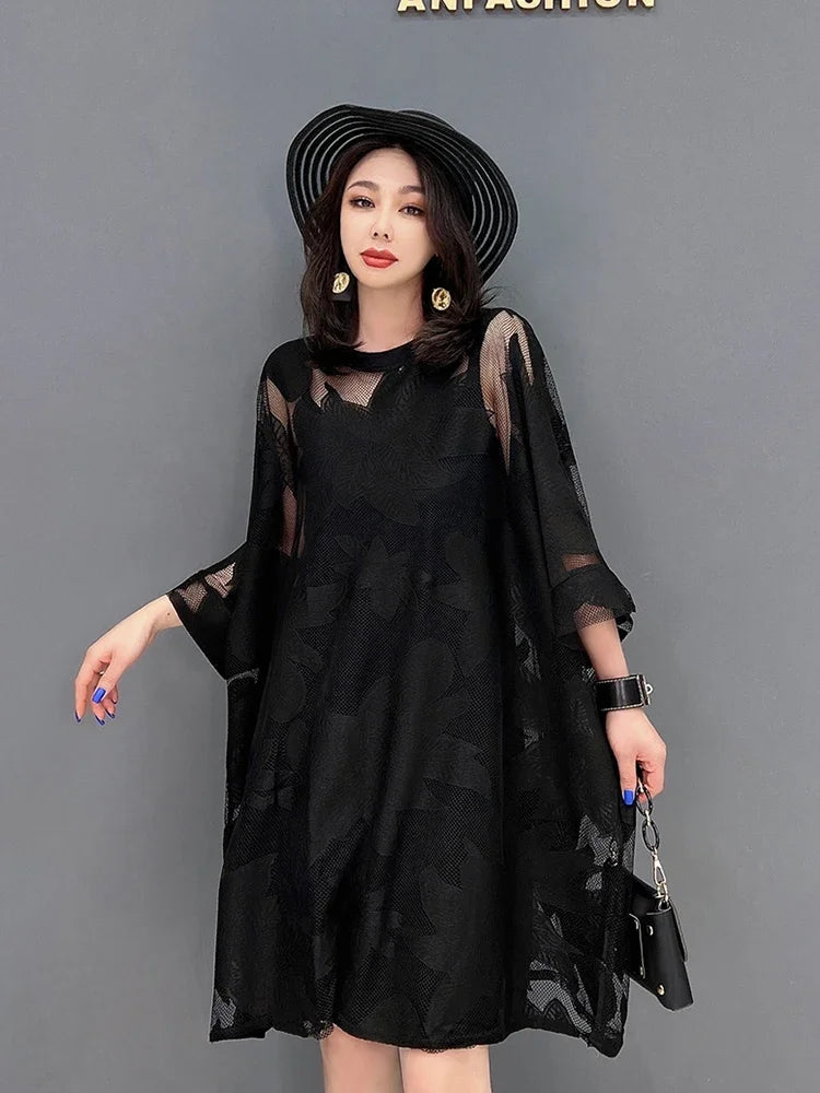 XITAO Black Mesh Jacquard Dress Loose Hollow Out Perspective Net Cloth Mini Dress Summer New Three Quarter Sleeve WMD7032