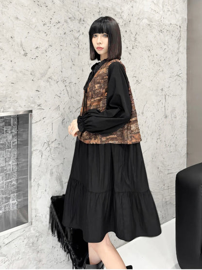 XITAO Retro Hong Kong Style Fake Two Piece Dress 2024 Autumn New Loose Patchwork V-neck Long Sleeve Pullover Dresses LJ1058