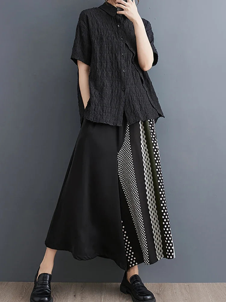 XITAO Casual Fashion Wide Leg Pants Asymmetrical Contrast Color Dot Striped Nine Points Pants Summer New Culottes Pant HQQ0366