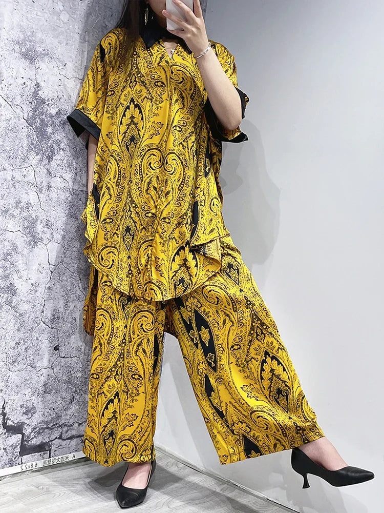 XITAO Loose Print Two Piece Yellow Sets Women Female Asymmetric 2023 Summer New Arrival Casual Fashion Two Piece Set WLD11383