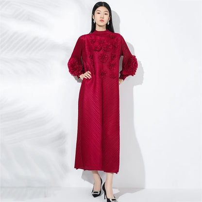 XITAO Pleated Puff Sleeve Flower Half High Collar Dress Full Sleeve Solid Color A-line Ankle-length Autumn Female Dress GMM1333