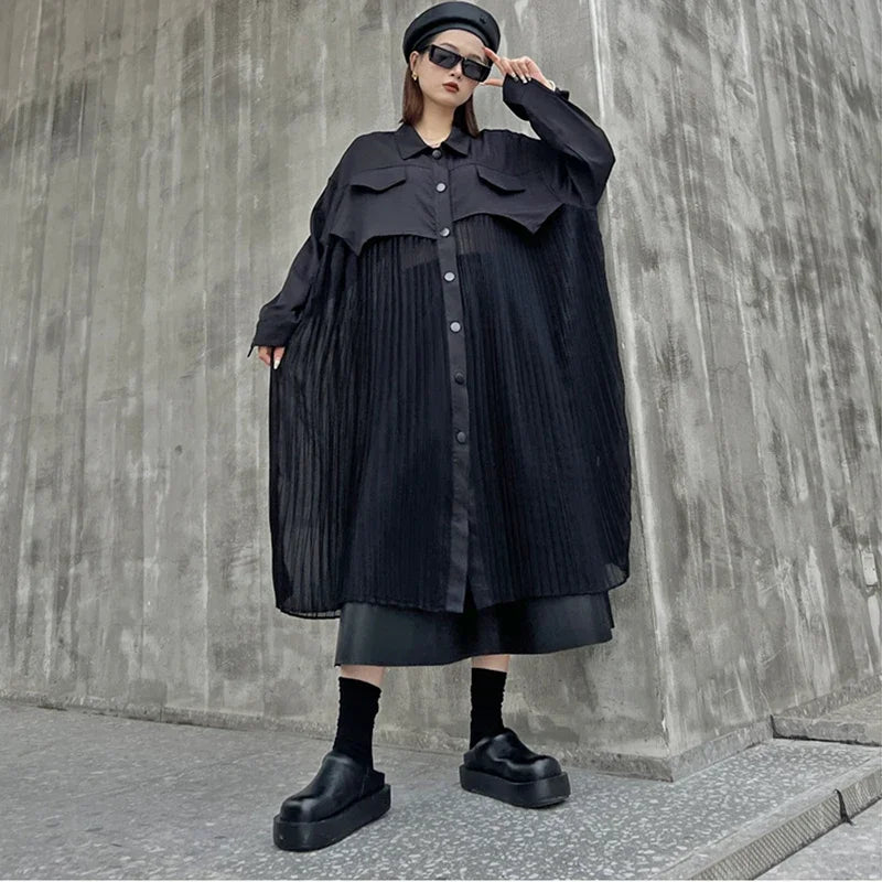 XITAO Casual Patchwork Pleated Turn Down Collar Dress New Autumn Solid Color Loose A-line All Match Female Shirt Dress ZYY1009