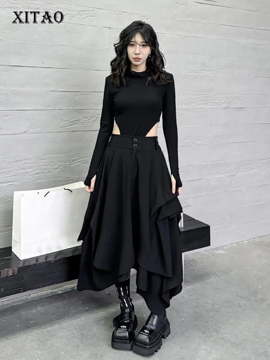 XITAO Irregular Solid Skirt Casual Slimming Temperament All-match Elastic Waist Spring Fashion Women A-line Skirt LYD1694