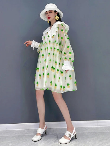 XITAO Patchwork Print Dress Women Korea Summer New Personality Fashion Loose Peter Pan Collar Full Sleeve Dress WMD5363