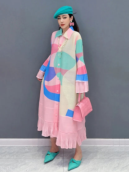 XITAO Print Dress Flounced Edge Flare Sleeve Turn-down Collar Contrast Color Spring Fashion Women New Shirt Dress LYD1583