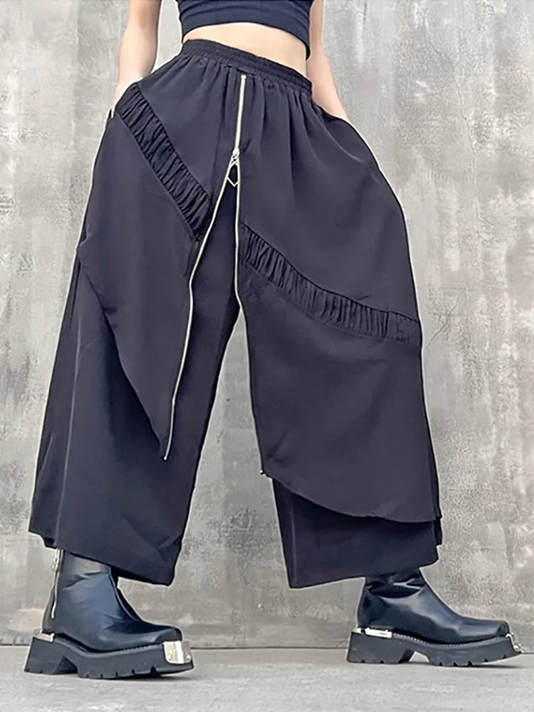 XITAO Irregular Ankle-Length Pants Solid Color Elastic Waist Loose Slim Zipper Spring Fashion Women Wide Leg Pants LYD1622