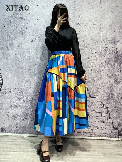 XITAO Contrast Color Skirts Irregular Folds Splicing A-line Skirt Personality New Fashion Casual Trendy All-match Women WMD5493