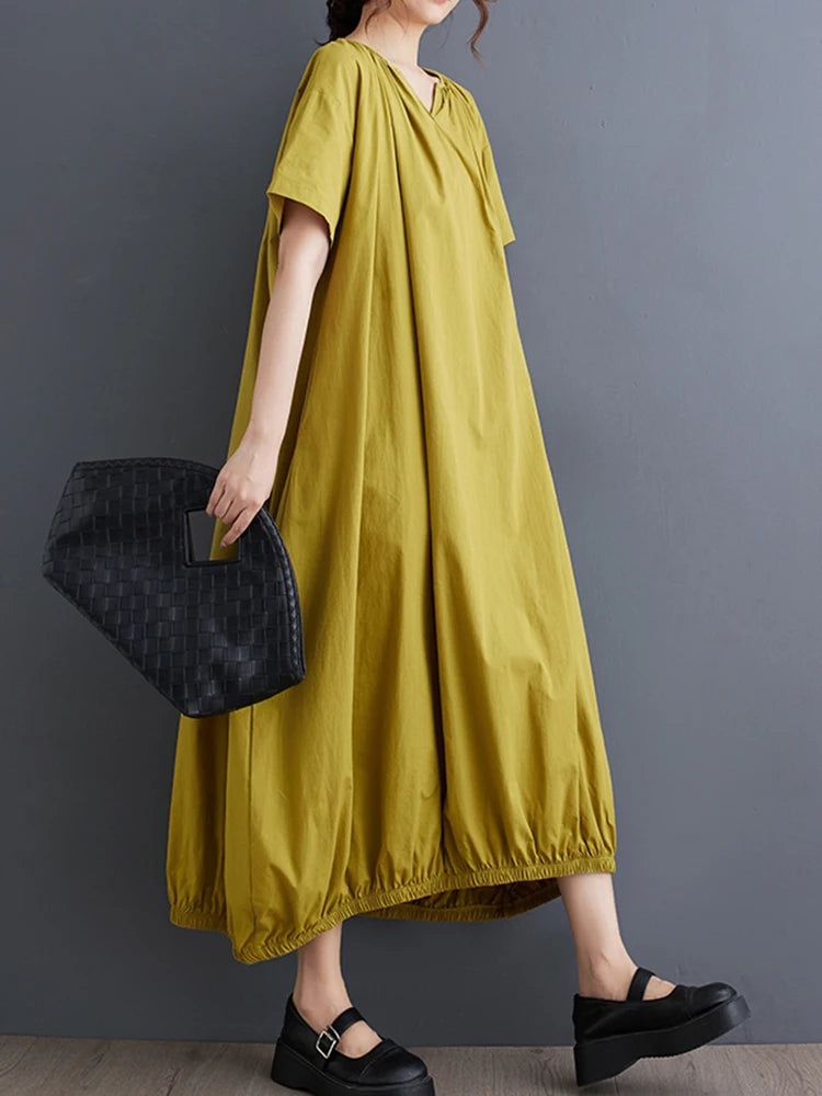 XITAO Pleated Solid Color Simplicity A-line Dress Loose V-neck Short Sleeve Fashion All-match Summer Women New Dress WLD20245