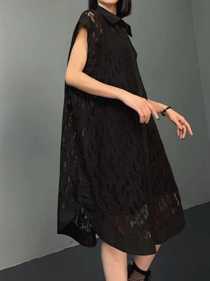 XITAO Hollow Out Lace Sleeveless Shirt Dress Single Breasted Simplicity Temperament Irregular 2024 Summer New Dress WLD20136