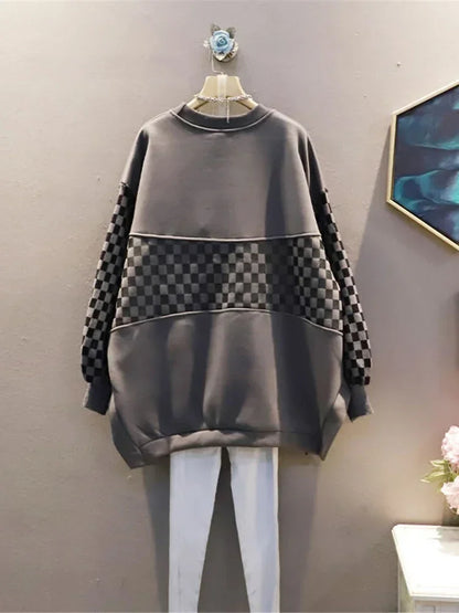 XITAO Trend Patchwork Sweatshirts 2024 Spring New Korea Casual Plaid Pattern O-neck Loose Large Size All-match Women CZH0044