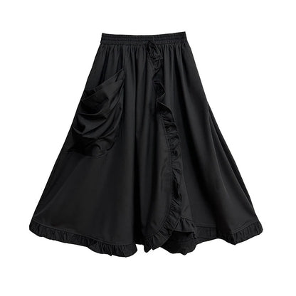 XITAO Casual A-line Solid Color Mid-calf Loose Fitting Skirt Patchwork Lotus Leaf Edge Pocket Fashion Autumn Women Skirt GMM1102