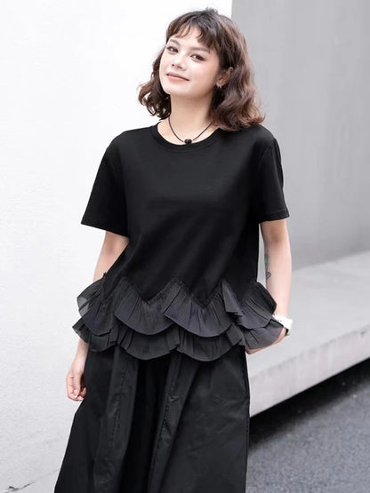 XITAO Vintage Loose Ruffles T-shirts Fashion Irregular Patchwork Women Summer New Casual Simplicity Temperament Top GJ1050