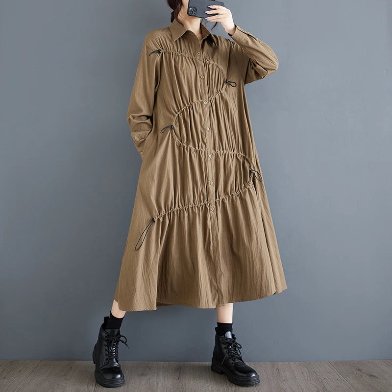 XITAO Loose Fashion Pleated Female Dress Long Sleeve Mid Calf Temperament Turn Down Collar Loose A-line Dresses Autumn GYX1048