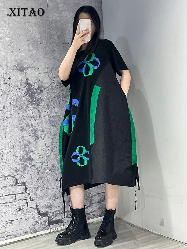 XITAO Print T-shirt Dress Loose Fashion Casual Women Summer New Draw String Hem Irregular Contrast Color Flower Print WLD6862