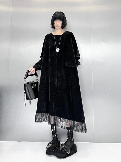 XITAO Solid Loose Trendy A-line Casual Dress O-neck Patchwork Tassel Full Sleeve Autumn Minority Pullover Women Dress ZYY1086