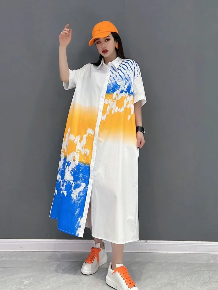 XITAO Casual Print Shirt Dress Asymmetrical Contrast Color Splicing Simplicity Turn-down Collar Women New 2024 Summer WMD4675