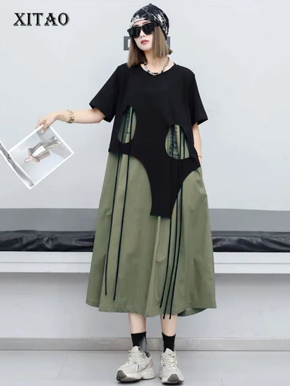 XITAO Hollow Out False Two Pieces Dress Contrast Color Loose Personality Asymmetrical Patchwork T-shirt Dress Summer New LYD1895