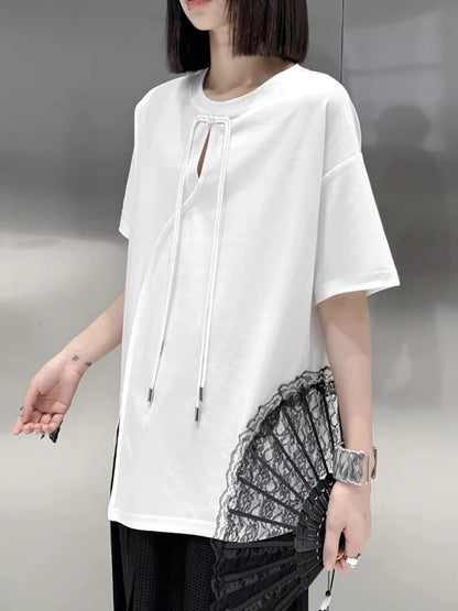 XITAO Asymmetrical Hollow Out O-neck T-shirts Solid Color O-neck Pullover Short Sleeve Loose Tops 2024 Summer New Casual ZY8710