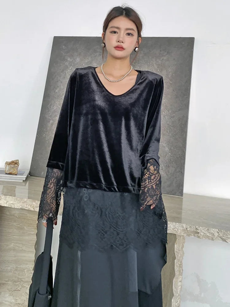 XITAO Patchwork Lace Full Sleeve Loose Casual T-Shirt Solid Color O-neck Top New Grace Classic Style Autumn Women Top GMM1069