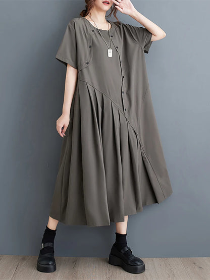 XITAO Double Breasted Fold Pullover Dress Solid Color O-neck A-line Loose Mid-calf Casual Slimming Dress 2024 Summer New DMJ4177