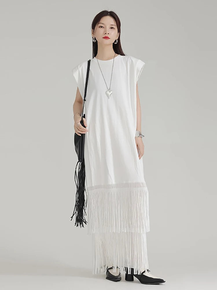 XITAO Tassel Patchwork Sleeveless Dress Pocket Solid Color O-neck Pullover Loose Ankle-length Dress 2024 Summer Casual ZY8819