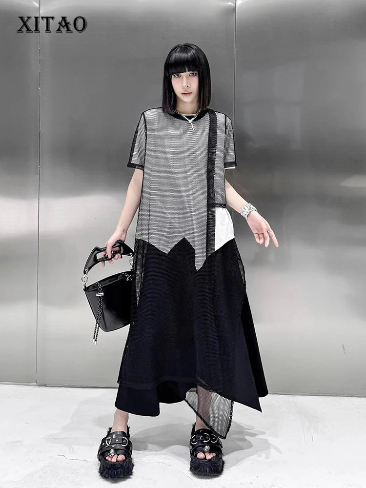 XITAO Asymmetrical Grid O-neck Pullover Dresses Solid Color Short Sleeve T-shirts Loose Fashion All Match 2024 Summer DMJ4116