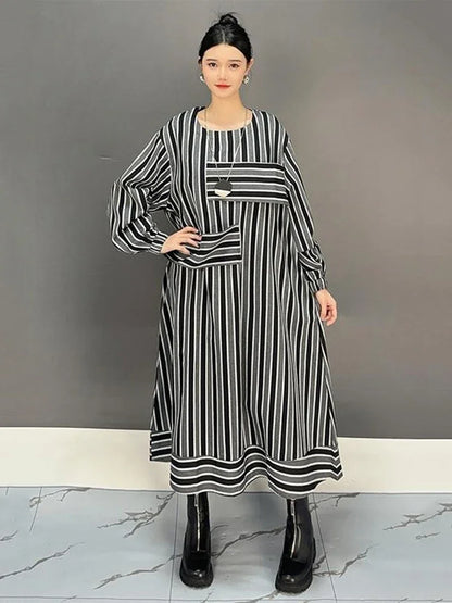 XITAO Striped Contrast Color Patchwork O-neck Dresses Long Sleeve Pullover Loose Slimming Fashion Casual 2024 Autumn GYX1004