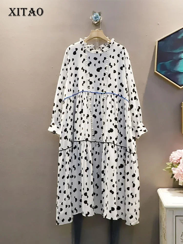 XITAO Simplicity Spot Dress New Splicing Women Spring Fashion Casual Loose Long Sleeve O-neck Collar WMD3033