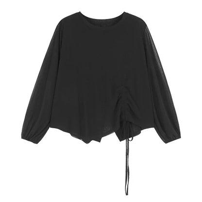 XITAO Loose Irregular Long Sleeve T-shirts Fashion Drawstring Solid Color All-match Women Autumn New Casual Slimming Top HQQ2409