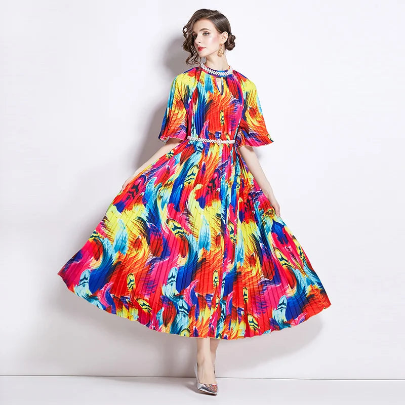 XITAO Pleated Print Dress Beading Stand Collar Fashion Temperament Half Sleeve Women A-ling Dress 2024 Summer New HQQ2359