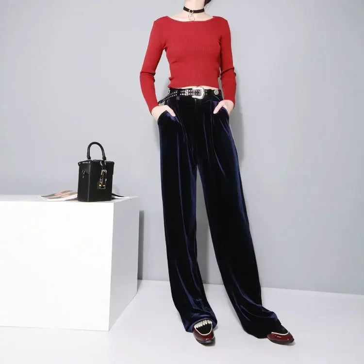 XITAO Fashion Women Full Length Wide-leg Loose Form Mid Waist Solid Color Casual Style Spring New Velvet Pants SSB-056