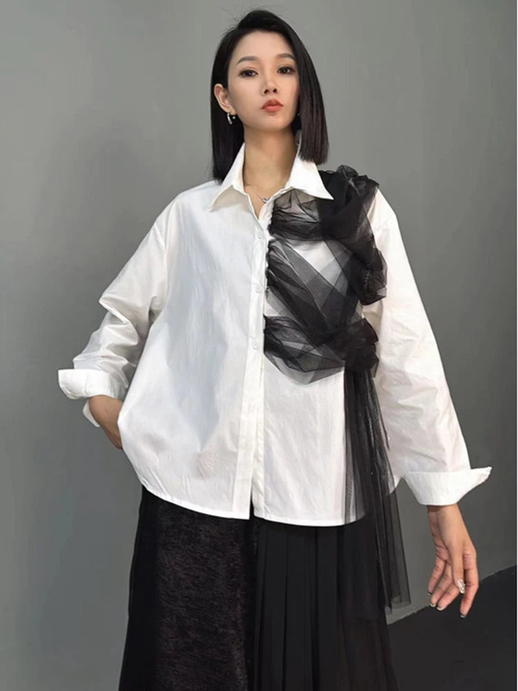 XITAO Mesh Patchwork Full Sleeve Shirt Top Simplicity Casual Temperament Loose Casual Fashion Women New Autumn Shirt ZY8898