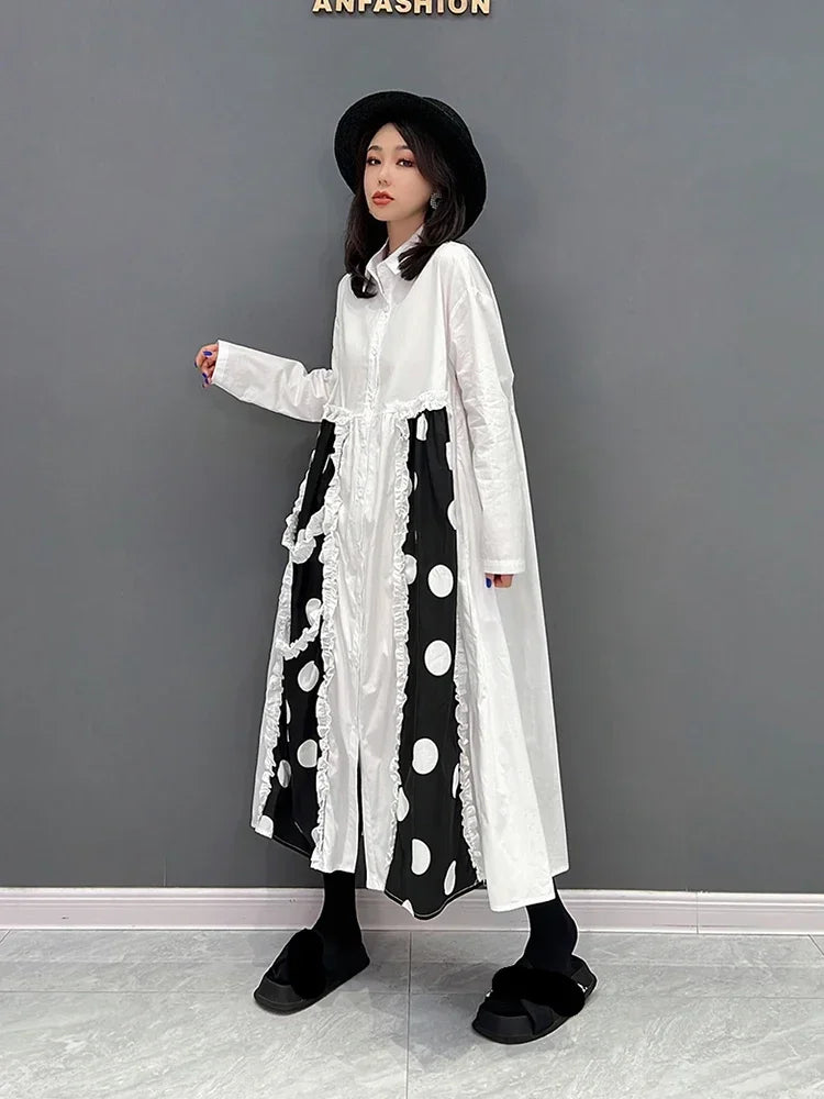 XITAO Fashion Contrast Color Dot Shirt Dress Loose Simplicity Edible Tree Fungus Splicing Hem Spring New Women Dress WLD8726