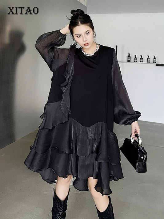 XITAO Gauze Patchwork Asymmetrical O-neck Dress Solid Color Pullover Long Sleeve Fashion Temperament Dresses 2024 Autumn LJ1029