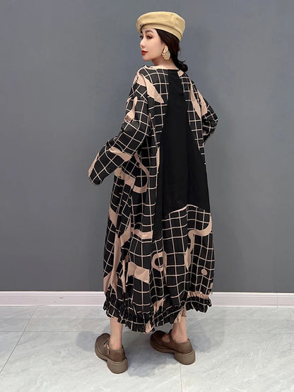 XITAO O-neck Plaid Irregular Dress Full Sleeve Korea Personality Pullover Fashion Loose Women Goddess Fan Casual FBB1573