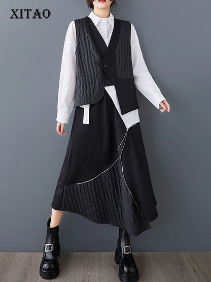 XITAO Asymmetrical Patchwork Single Button Dress Sets Vest Top Pocket Elastic Waist Vintage Skirt 2025 Spring Casual GMM1202