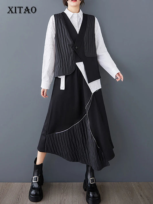 XITAO Asymmetrical Patchwork Single Button Dress Sets Vest Top Pocket Elastic Waist Vintage Skirt 2025 Spring Casual GMM1202