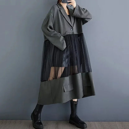 XITAO Gauze Patchwork Single Button Trench Contrast Color Turn-down Collar Loose Mid-calf Fashion Long Coat 2024 Autumn LJ1064