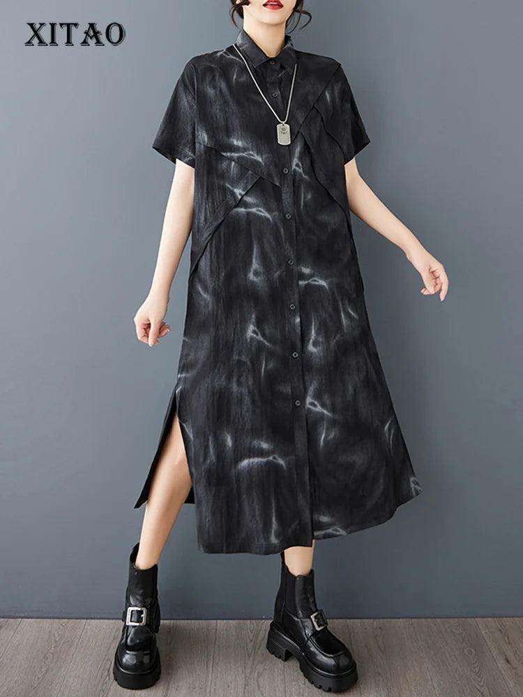 XITAO Casual Print Patchwork Shirt Dress Fashion Temperament Side Split Women Simple Loose Single Breasted Dress GMM1277