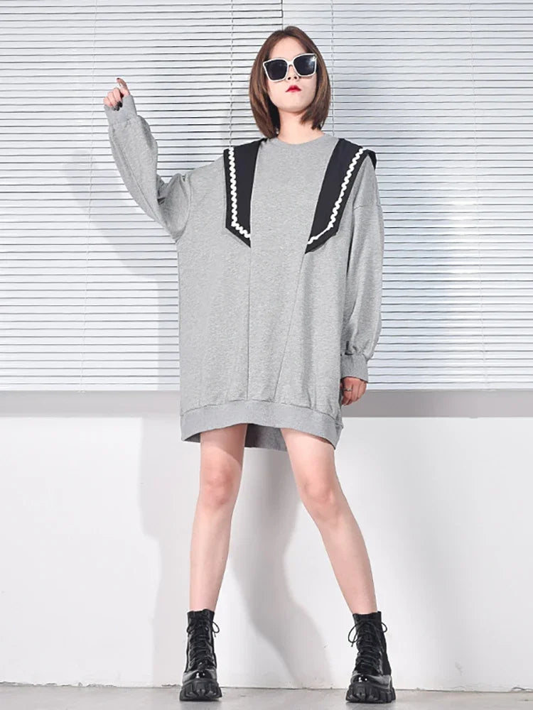 XITAO Patchwork Dress Fashion New Contrast Color Women Small Fresh 2024 Spring Pullover Full Sleeve Casual Style Dress XJ5139