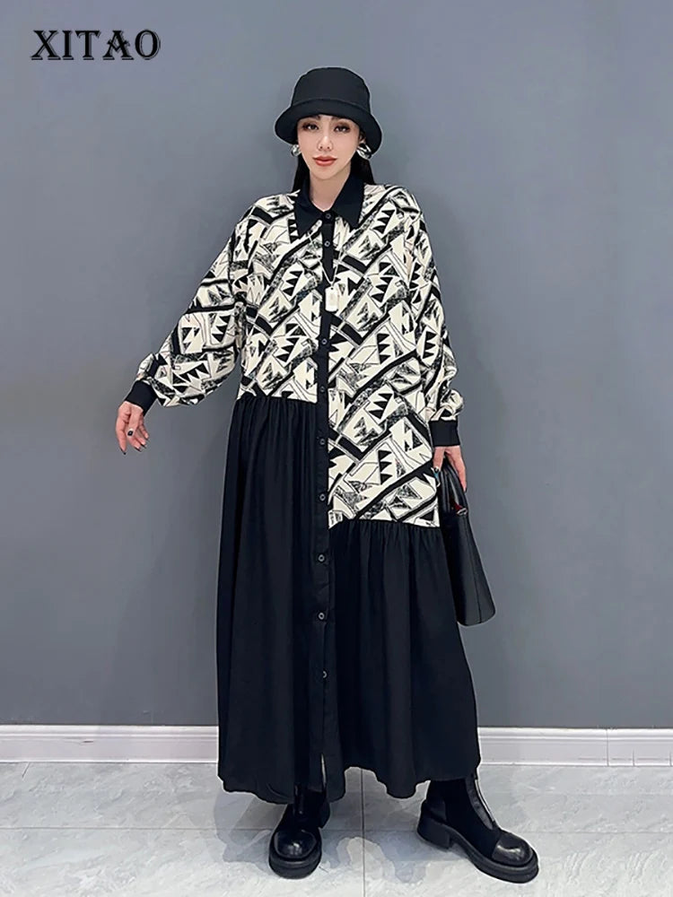 XITAO Print Patchwork Dress Asymmetric Turn-down Collar Long Sleeve Loose Casual Simplicity Spring Women Shirt Dress LYD1674