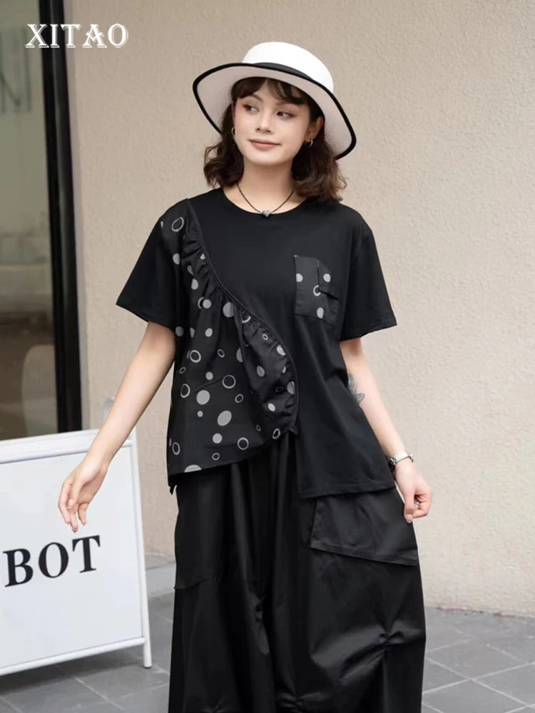 XITAO Asymmetrical Patchwork Polka Dot T-shirts Solid Color O-neck Short Sleeve Pullover Tops Summer All Match GJ1056