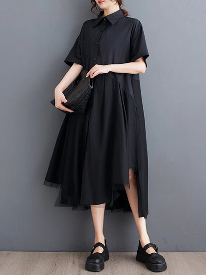 XITAO Irregular Shirt Dress Simplicity Casual Mesh Patchwork Asymmetrical Hem 2024 Summer New Turn-down Collar Dress LYD1908