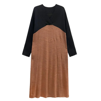 XITAO Hit Color Dress Fashion Women Pullover Pleated Knitted Full Sleeve 2024 Spring Minority Loose Elegant Dress WLD9276