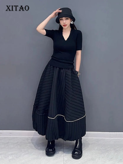 XITAO Female Casual Black Skirt Striped Asymmetrical Splicing Loose Fashion Women Spring New Simplicity All-match Skirt LYD1545