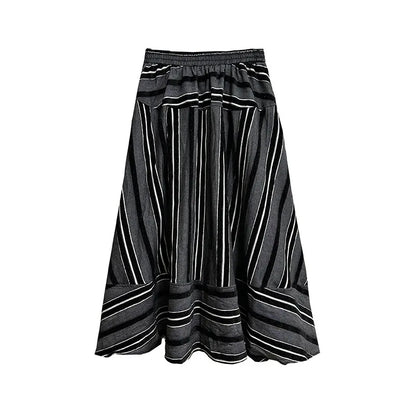 XITAO Striped Patchwork Elastic Waist Skirts A-line Loose Fashion Ankle-Length All Match Casual Skirts 2024 Autumn New HJF91533