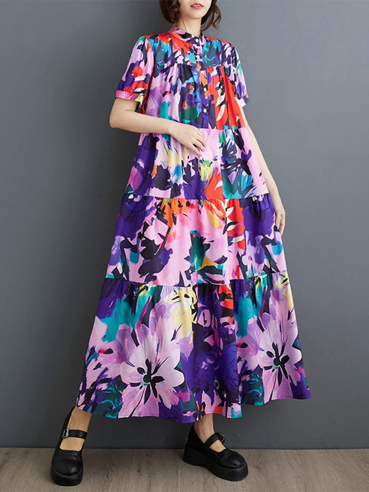 XITAO Contrast Color Print Dress Loose Fashion Casual Women Summer New Stand Collar Short Sleeve Shirt Dress 2024 LYD1904