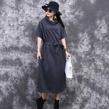 XITAO Sashes Casual Turtleneck Collar Dress Women Spring Fashion Tide New Style Loose Short Sleeve Pocket Dress GCC2815