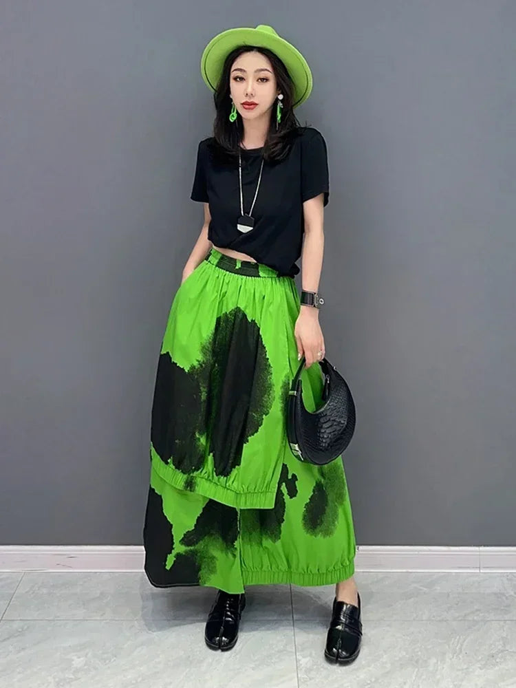 XITAO Print Casual Skirt Asymmetric 2024 Summer New Arrival Personality Fashion Loose Versatile Elastic Waist Skirt WLD11273