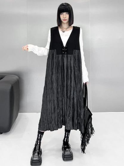 XITAO Solid Color Casual V-neck Sleeveless Dress New Fashion Autumn Patchwork Loose Fitting Female Mid Calf Dress GMM1070